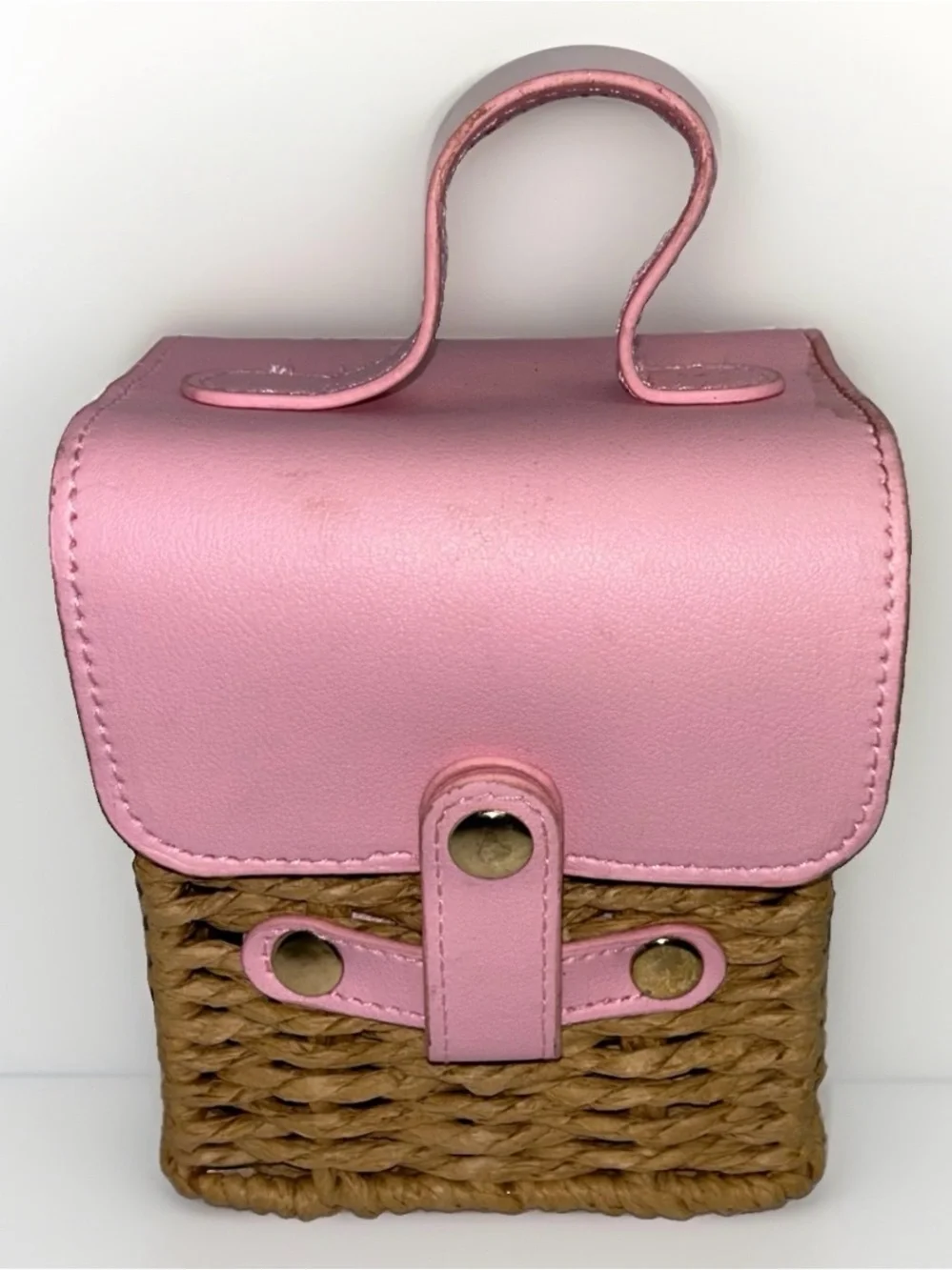 Girls Purse Raffia Woven Pink Faux Leather Latch Wicker Basket Mini Cute Gift 5”